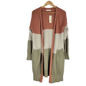 Doe & Rae Sweater Women's L Colorblock Open Cardigan Chunky Knit Duster NWT